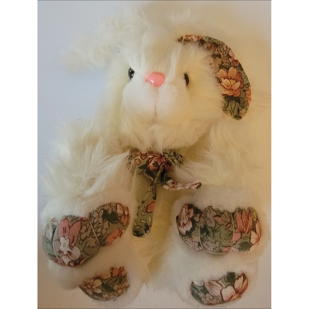vintage plush Easter bunny rabbit. Cloth.fur.floral Pattern.